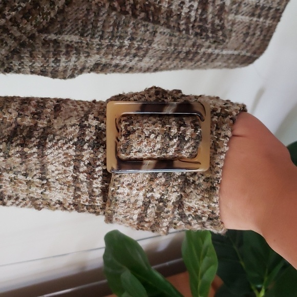 Betsey Johnson wool blend neutral boucle plaid midi double breasted coat w/ tie - Picture 5 of 12